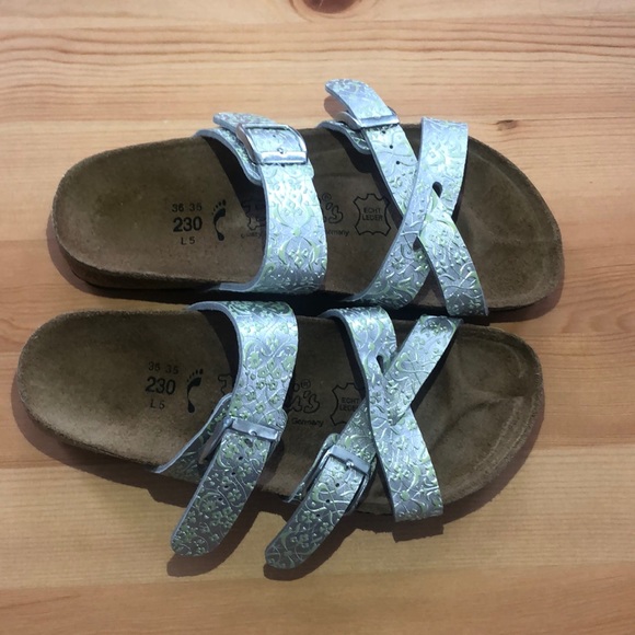New Birkenstock Metallic Silver & Green Sandals - Picture 3 of 5